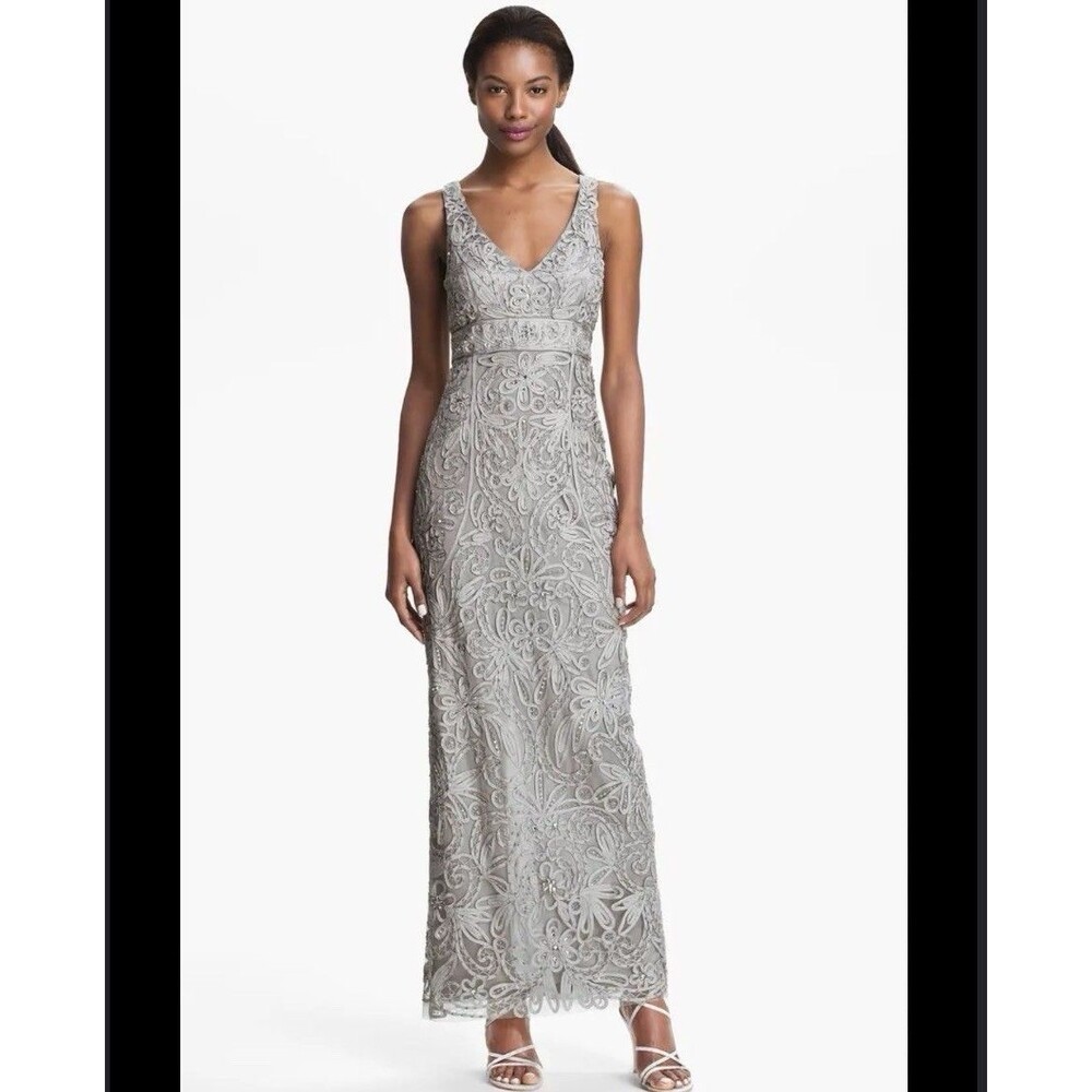 Sue Wong Nocturne size 2 Taupe Mesh Overlay Long Dress Gown Beading Embroidery